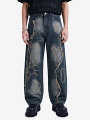 Vintage Embroidered Washed Raw-Edge Graffiti Scimitar Jeans