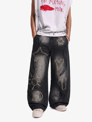 Vintage Embroidered Washed Raw-Edge Graffiti Scimitar Jeans