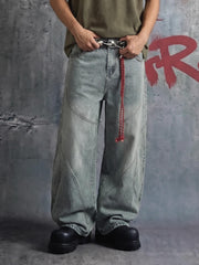 Denim Retro Belt Detail With Patchwork Barrel Jeans - 2490