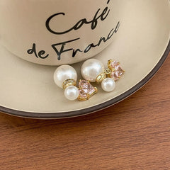 Pearl Stud Earrings with Pink Gemstone