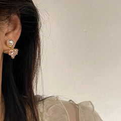 Pearl Stud Earrings with Pink Gemstone