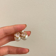 Pearl Stud Earrings with Pink Gemstone