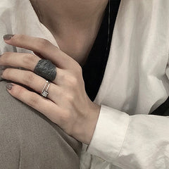 Textured Black and White Ring with integrated chains