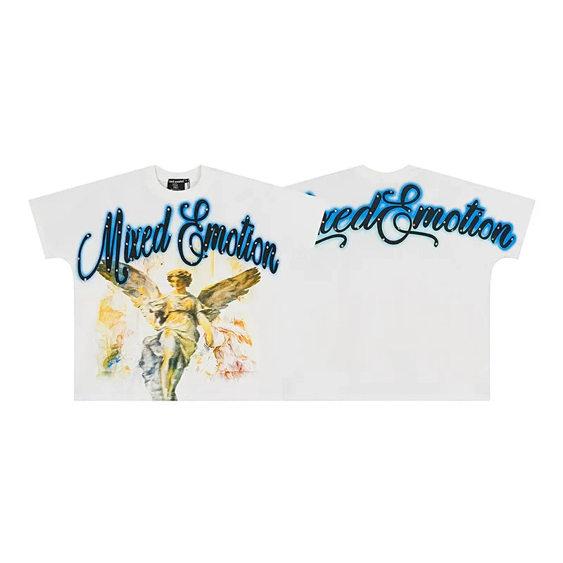 MIXED EMOTION Winged Angel Script Logo Graphic Short Sleeve T-Shirt - White / Blue