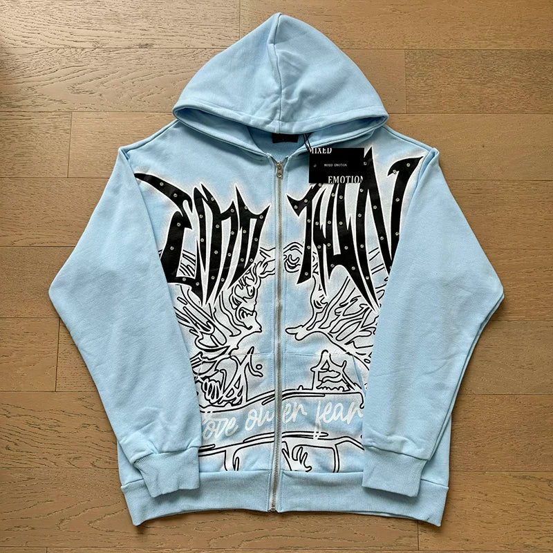 MIXED EMOTION Gothic Rhinestone Zip-Up Hoodie – Light Blue Oversized Y2K Graphic Jacket