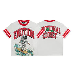 MIXED EMOTION Surfing Astronaut Graphic Ringer Short Sleeve T-Shirt - Off-White / Red