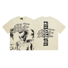 MIXED EMOTION Alien Beach Graphic Short Sleeve T-Shirt - Beige / Black