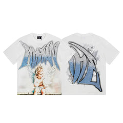 MIXED EMOTION Angel Graffiti Metallic Logo Graphic Short Sleeve T-Shirt - White