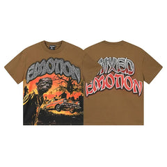 MIXED EMOTION Vintage Sunset Car Graphic Streetwear T-Shirt - Brown / Red