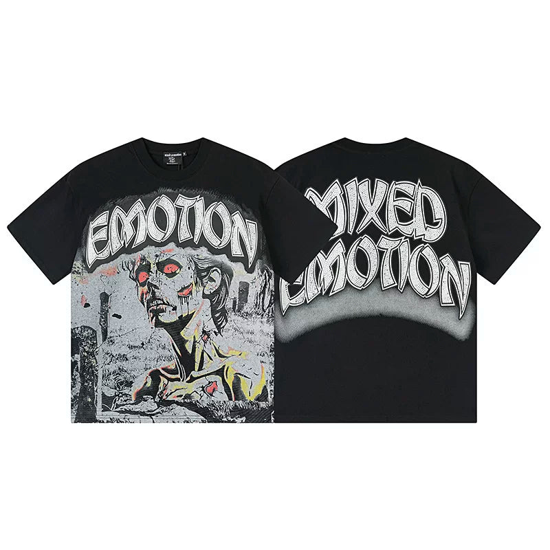 MIXED EMOTION Red-Eyed Figure Graphic Streetwear T-Shirt - Black / Grey