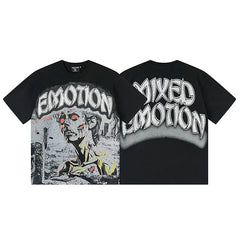 MIXED EMOTION Red-Eyed Figure Graphic Streetwear T-Shirt - Black / Grey