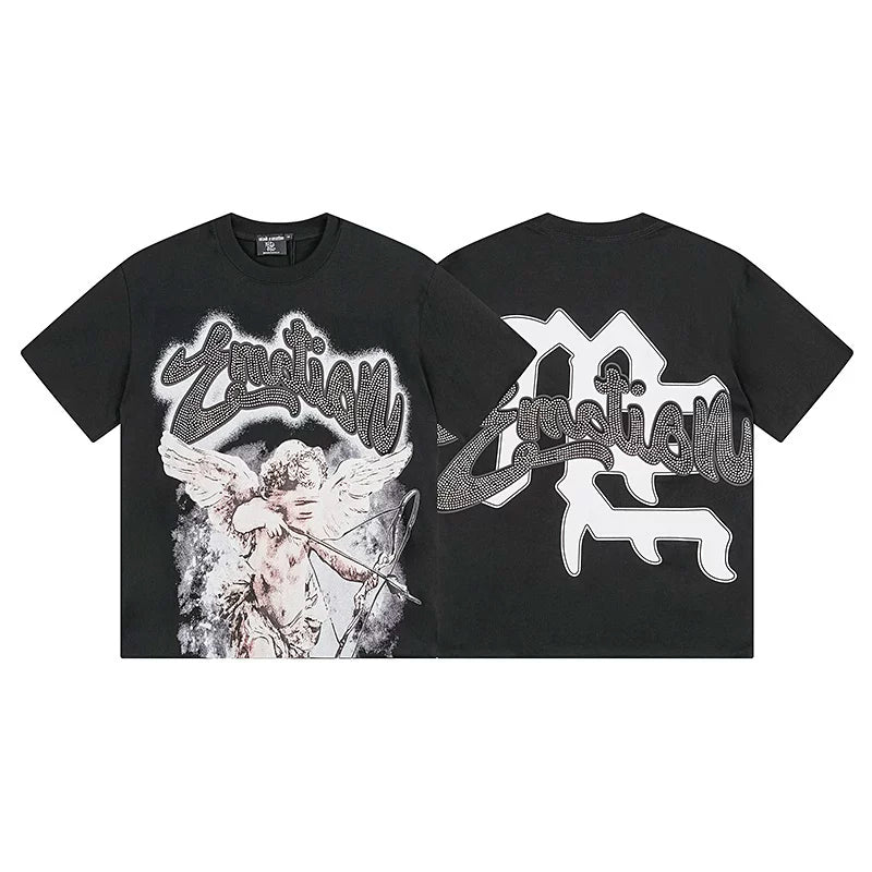 MIXED EMOTION Cupid Bow Graphic Metallic Logo Short Sleeve T-Shirt - Black