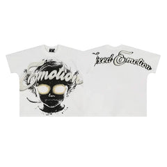 MIXED EMOTION Glowing Eyes Portrait Graphic Script Logo Short Sleeve T-Shirt - White / Black