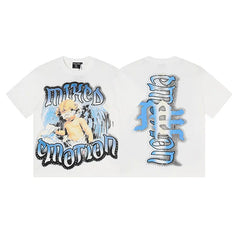 MIXED EMOTION Cherub Portrait Graffiti Graphic Streetwear T-Shirt - White / Blue