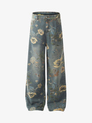 Denim Floral Print Carpenter Jeans - 2237