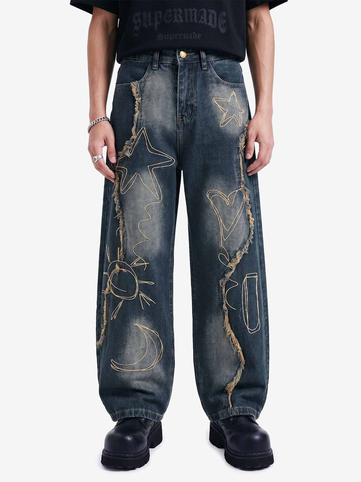 Vintage Embroidered Washed Raw-Edge Graffiti Scimitar Jeans