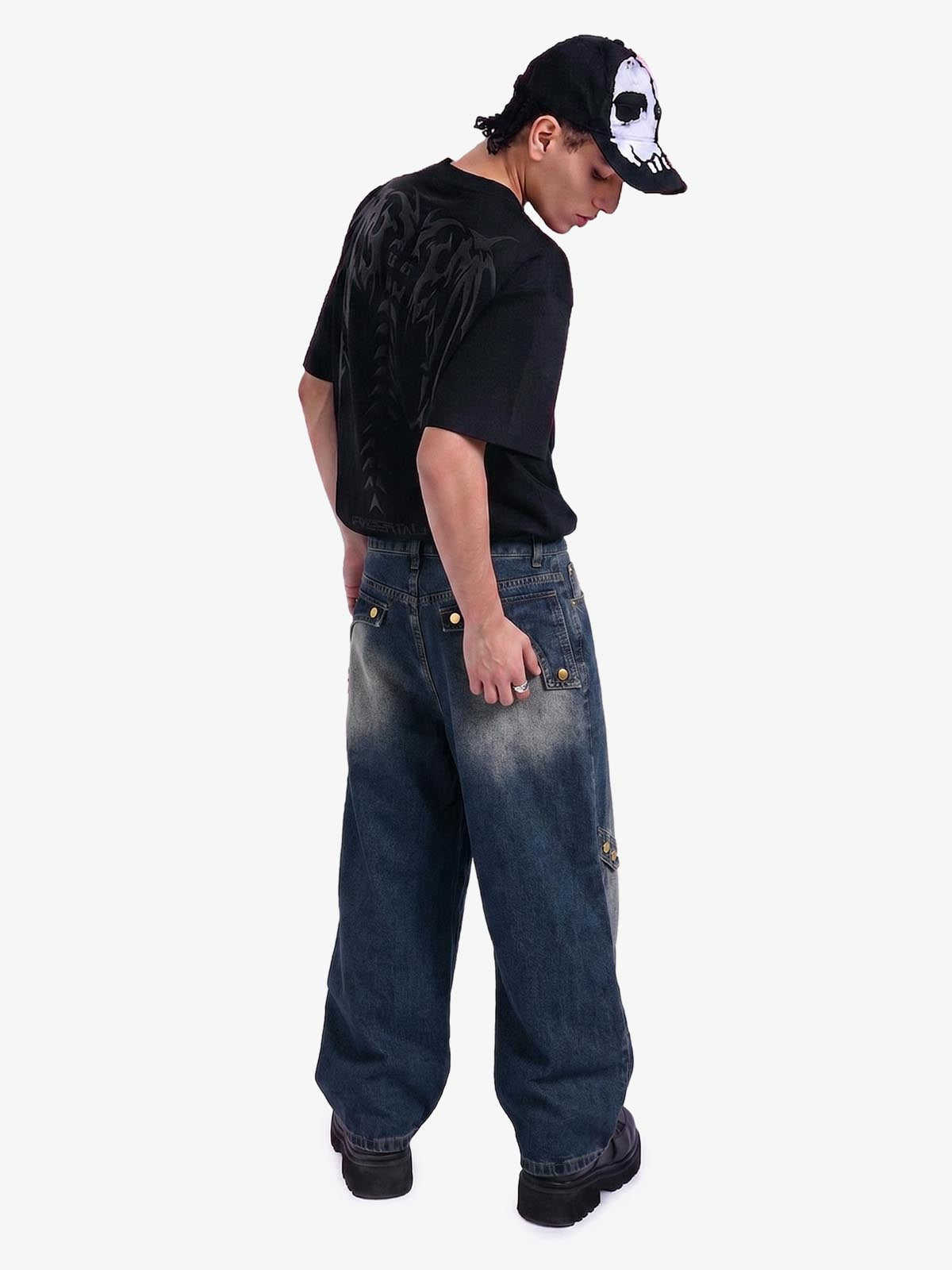 Vintage Embroidered Washed Raw-Edge Graffiti Scimitar Jeans