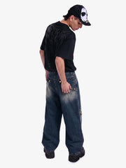 Vintage Embroidered Washed Raw-Edge Graffiti Scimitar Jeans