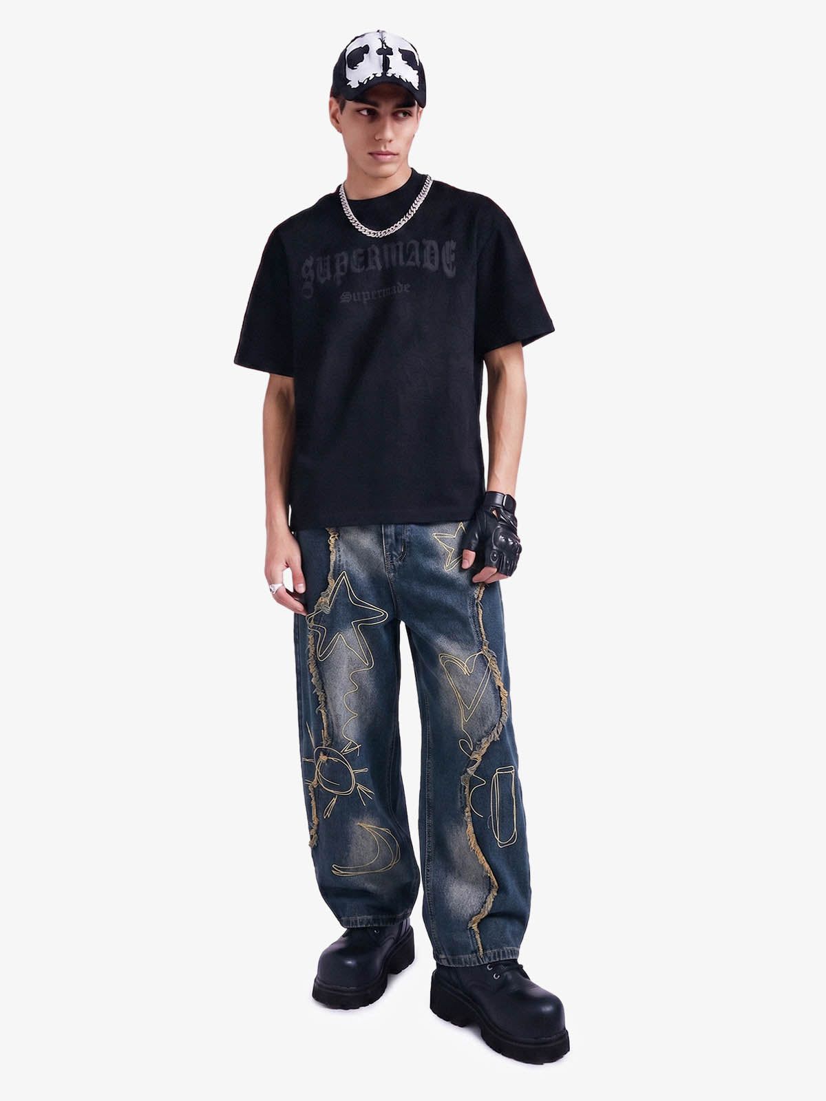 Vintage Embroidered Washed Raw-Edge Graffiti Scimitar Jeans