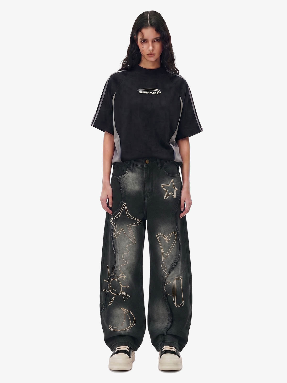 Vintage Embroidered Washed Raw-Edge Graffiti Scimitar Jeans