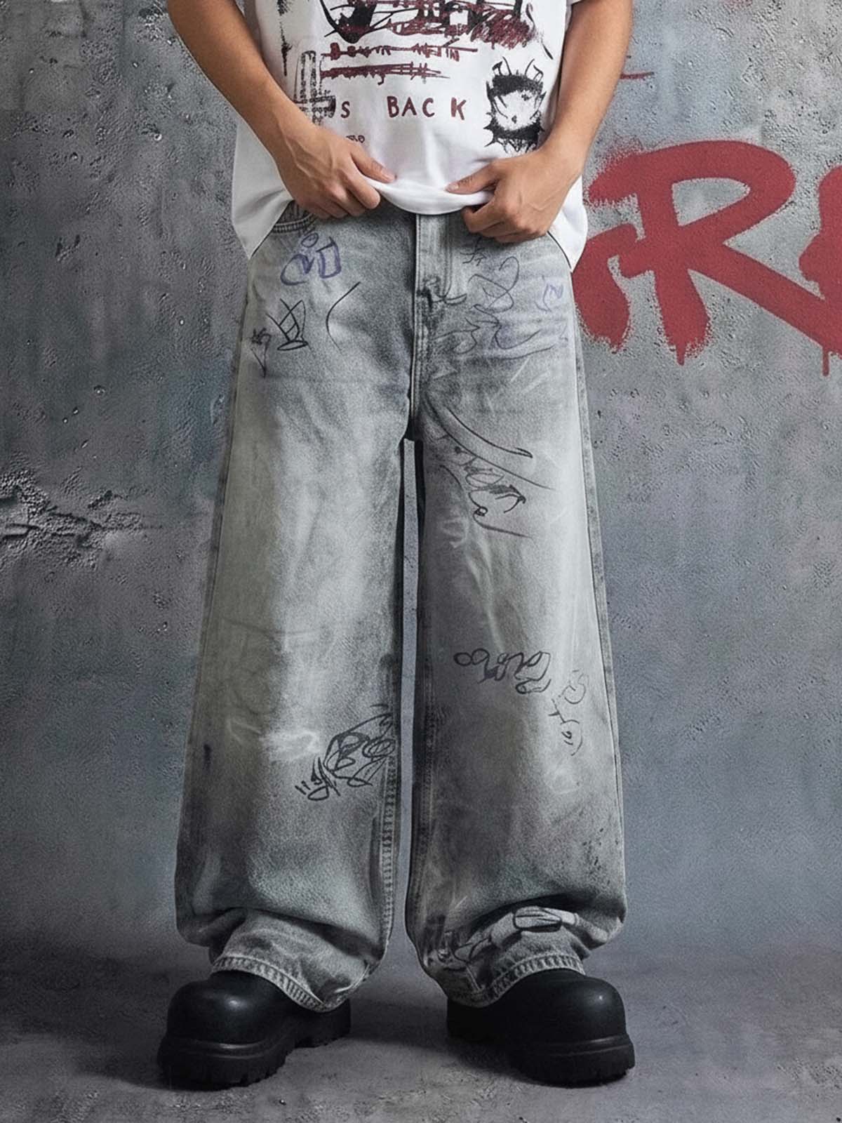 Hand Drawn Scribble Print Baggy Jeans