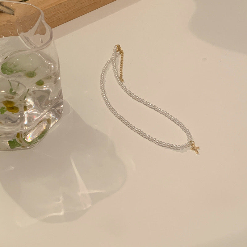 Pearl Necklace with Gold Plated Cross Pendant