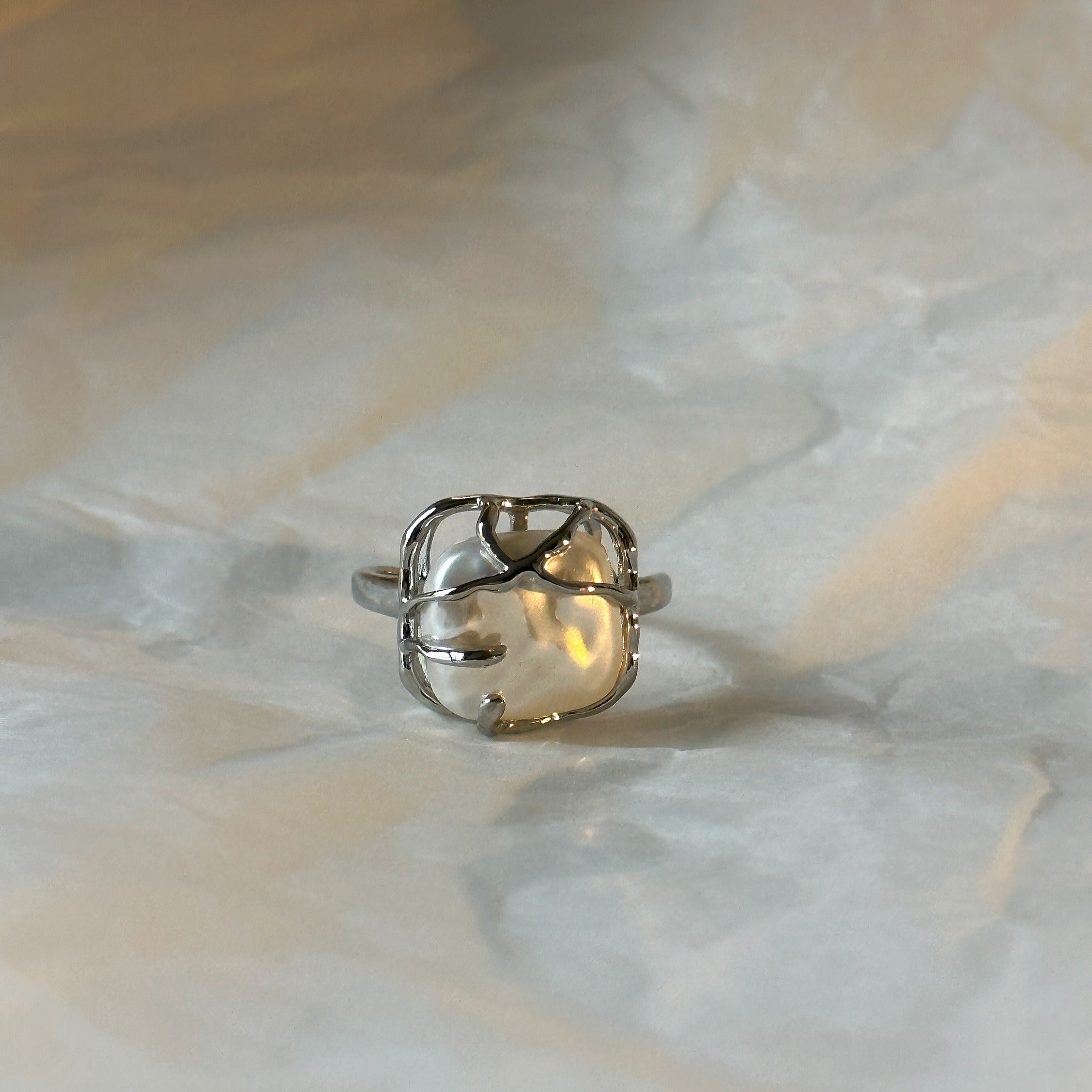 Silver-Plated Ring with Square Shape Pearl