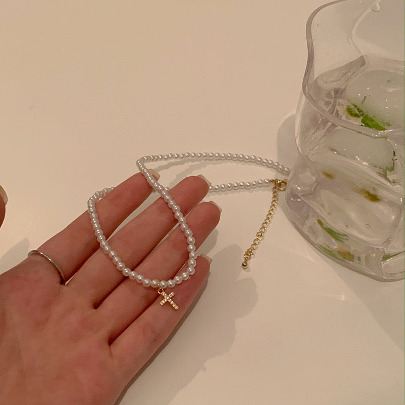 Pearl Necklace with Gold Plated Cross Pendant