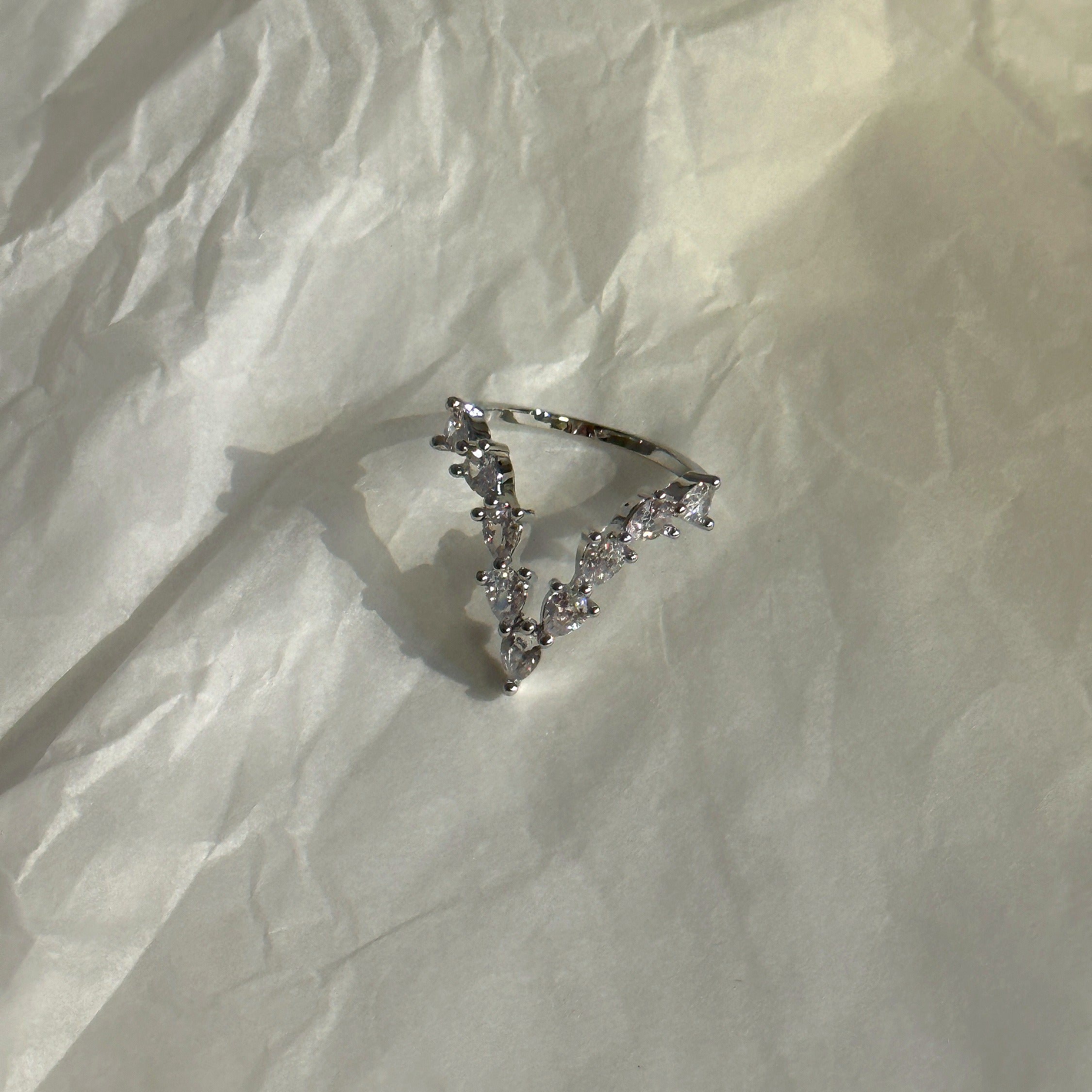 Silver Letter "V" Ring with diamonds