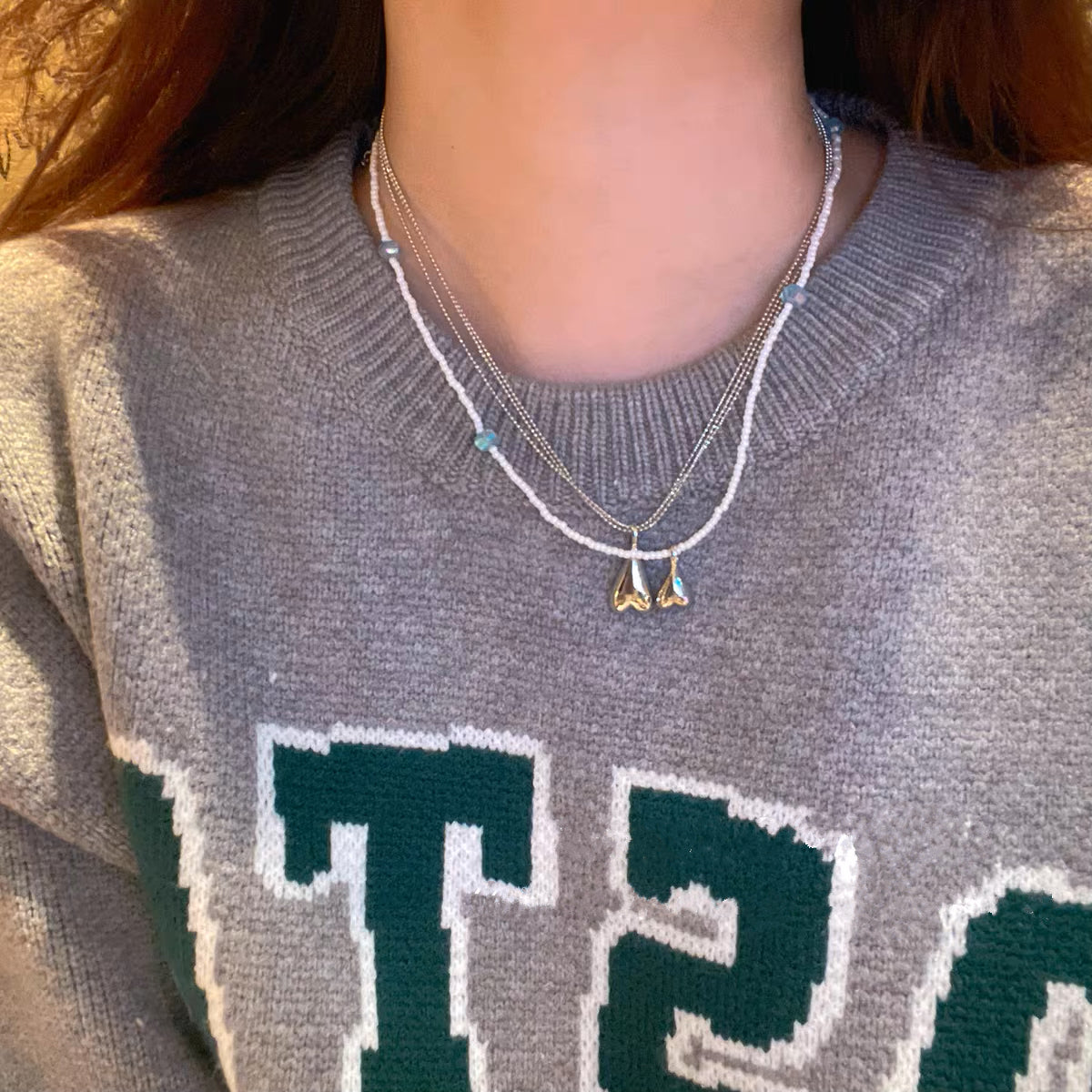 Multilayer Bead Chain Necklace with Heart Pendant