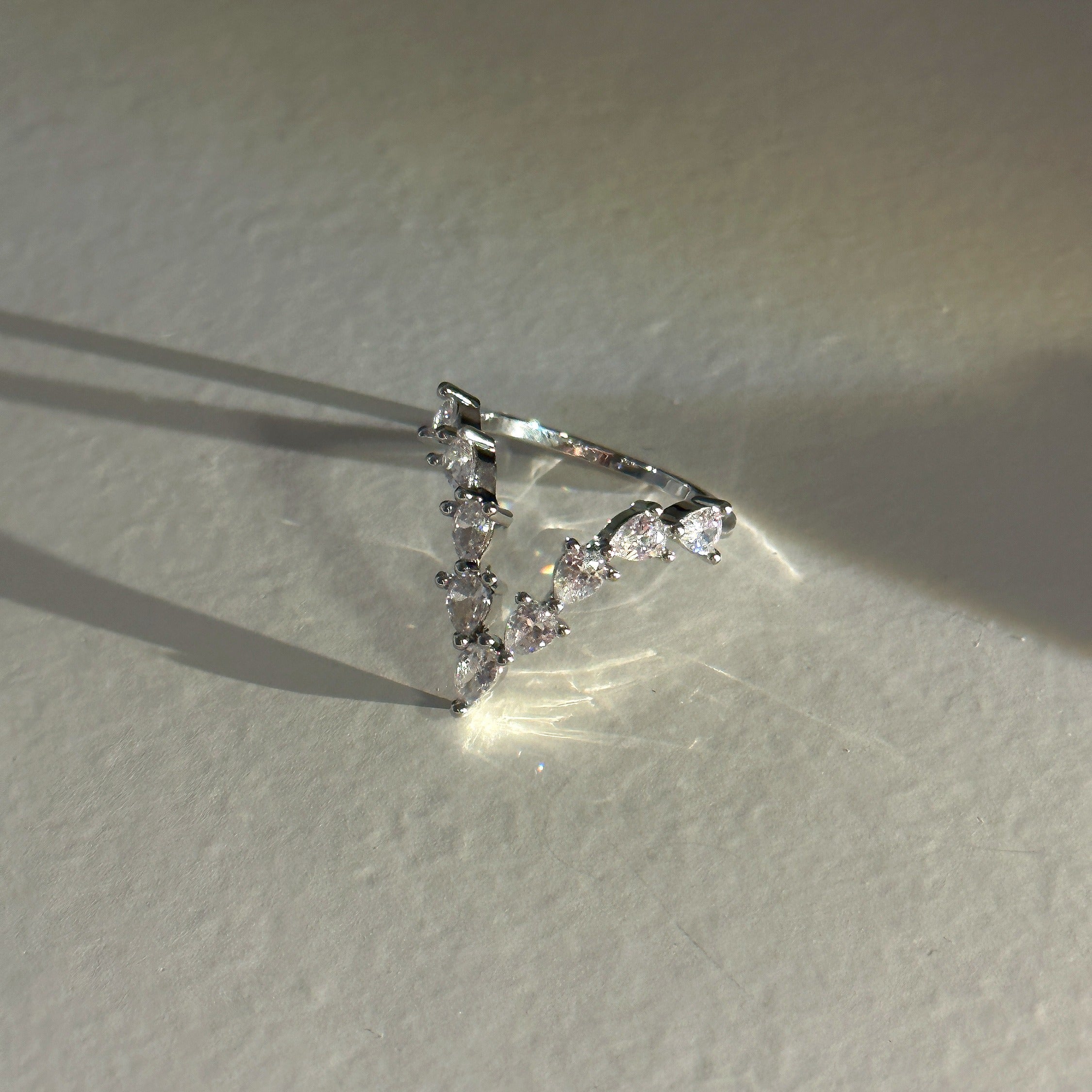 Silver Letter "V" Ring with diamonds