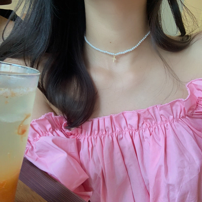 Pearl Necklace with Gold Plated Cross Pendant