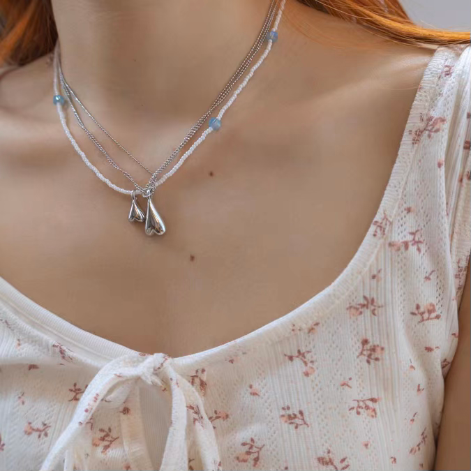 Multilayer Bead Chain Necklace with Heart Pendant
