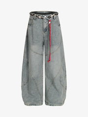 Denim Retro Belt Detail With Patchwork Barrel Jeans - 2490