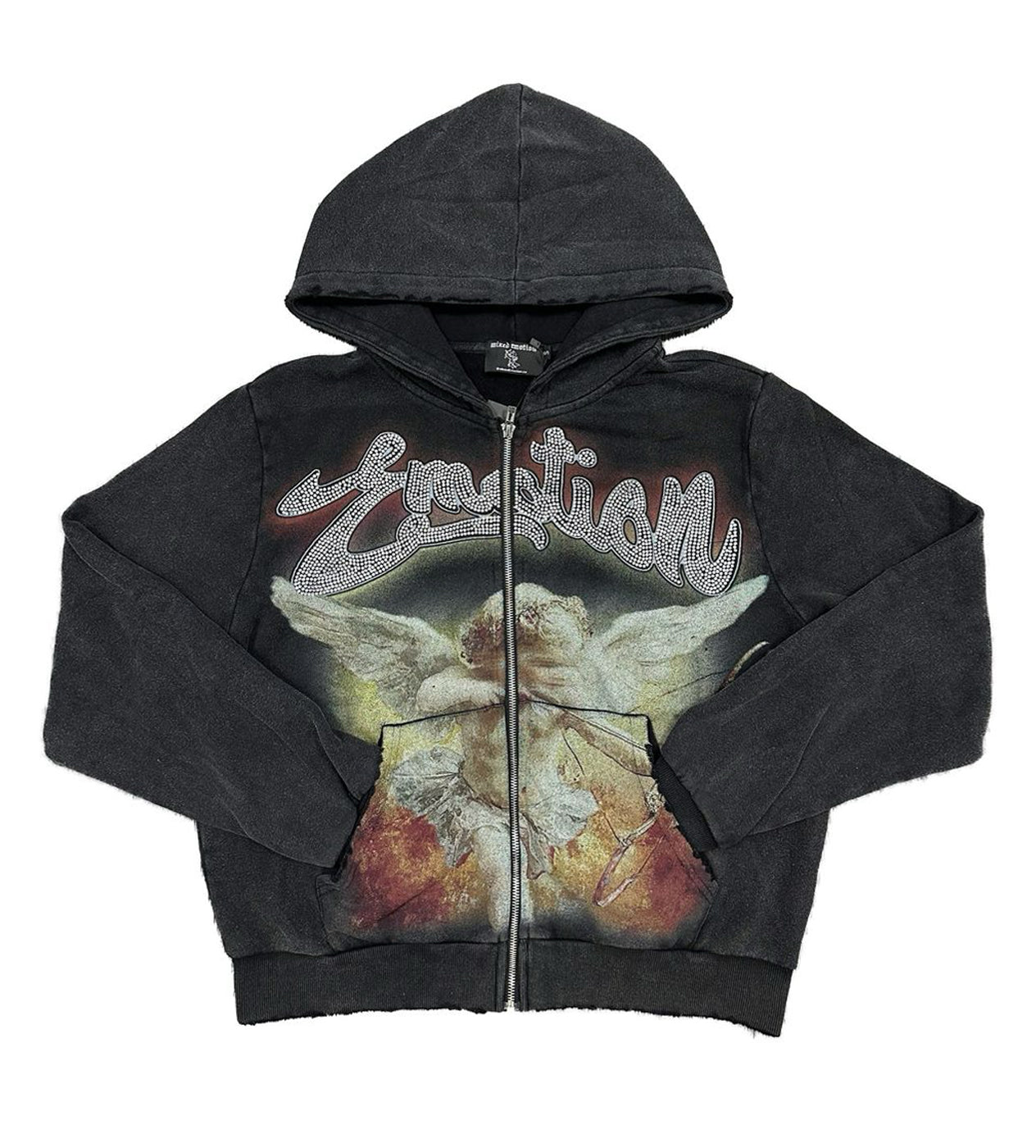 Mixed Emotions Rhinestone Hoodie Acid Wash Black