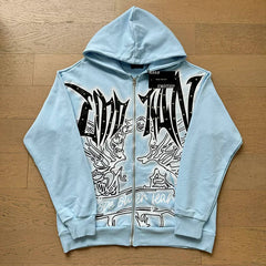 MIXED EMOTION Gothic Rhinestone Zip-Up Hoodie – Light Blue Oversized Y2K Graphic Jacket