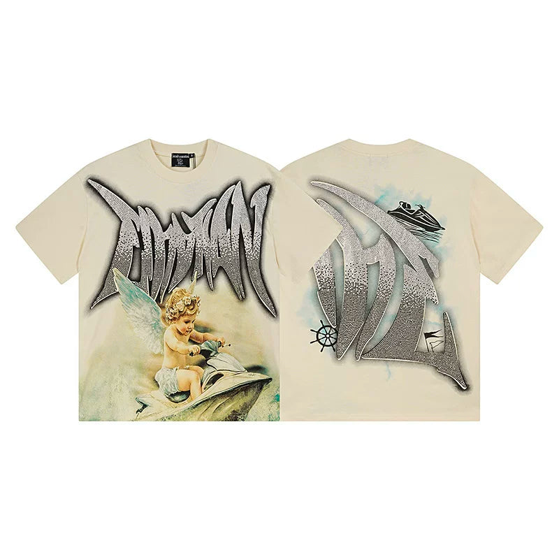 MIXED EMOTION Jet Ski Cherub Graphic Metallic Logo Short Sleeve T-Shirt - Off-White