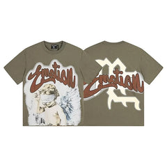 MIXED EMOTION Blindfolded Angel Graphic Script Logo Short Sleeve T-Shirt - Olive Green