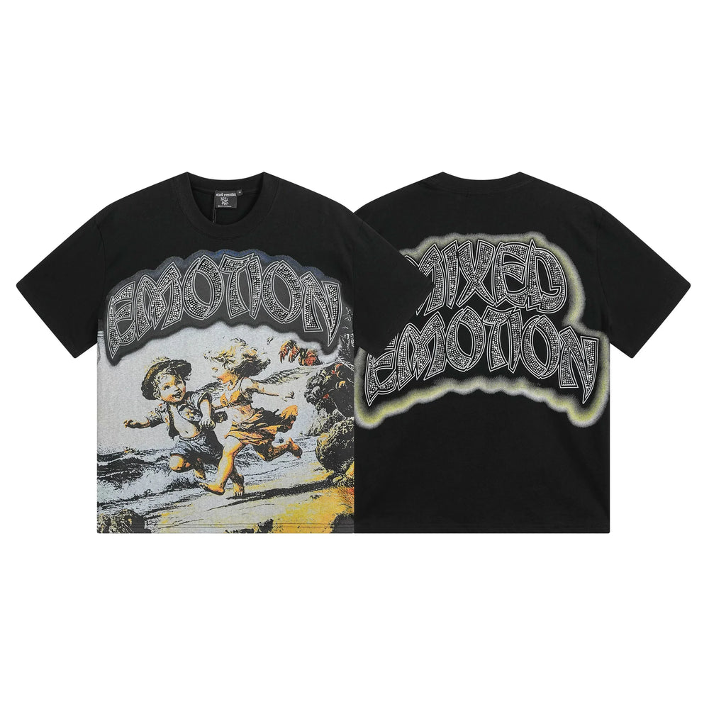 MIXED EMOTION Running Children Renaissance Graphic Streetwear T-Shirt - Black / Yellow