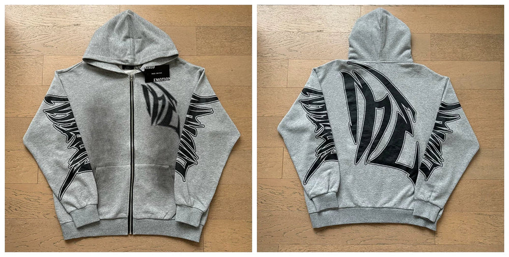 MIXED EMOTION Gothic Zip-Up Hoodie – Heather Grey Oversized Y2K Graphic Jacket
