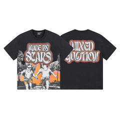 MIXED EMOTION "MADE BY STARS" Winged Cherub Graphic T-Shirt - Black / Orange