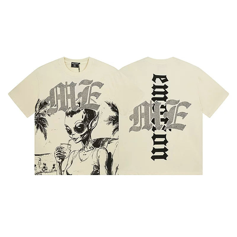 MIXED EMOTION Alien Beach Graphic Short Sleeve T-Shirt - Beige / Black