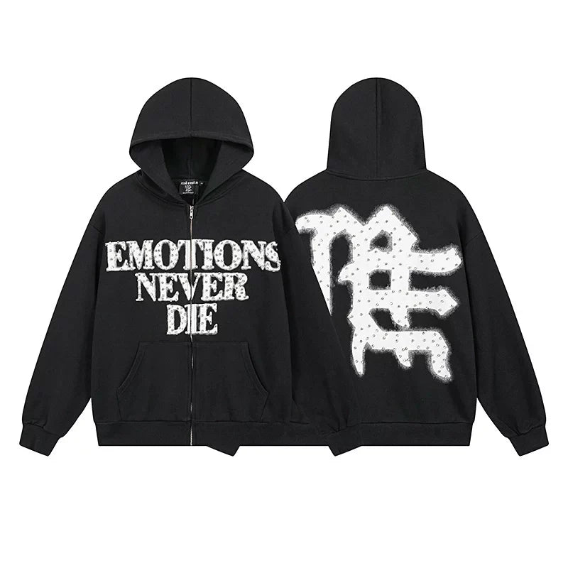 MIXED EMOTION "Emotions Never Die" Rhinestone Zip-Up Hoodie – Black Oversized Y2K Graphic Jacket