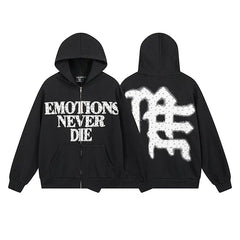 MIXED EMOTION "Emotions Never Die" Rhinestone Zip-Up Hoodie – Black Oversized Y2K Graphic Jacket