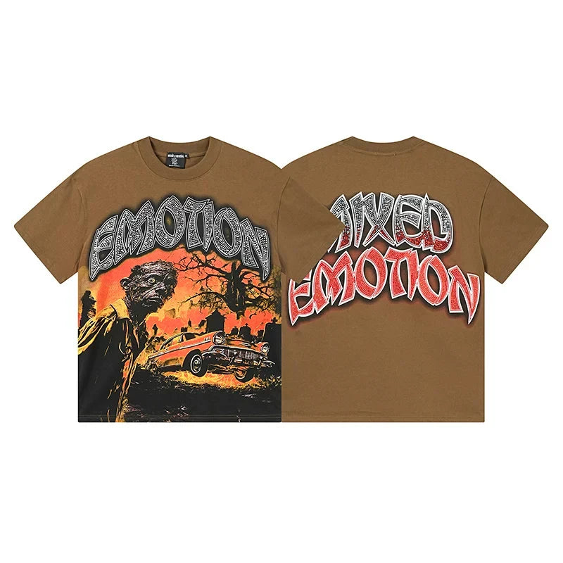MIXED EMOTION Vintage Sunset Car Graphic Streetwear T-Shirt - Brown / Red