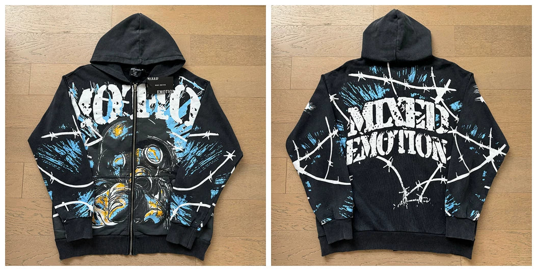 MIXED EMOTION Barbwire Graphic Hoodie – Oversized Black & Blue Y2K Streetwear Jacket