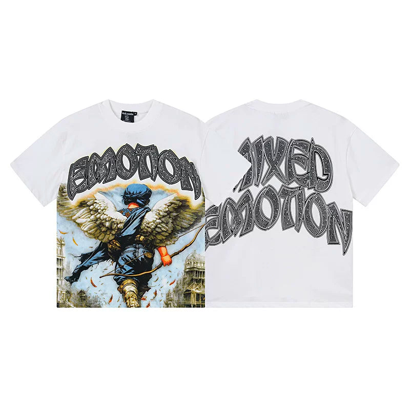 MIXED EMOTION Winged Archer Graphic Streetwear T-Shirt - White / Blue