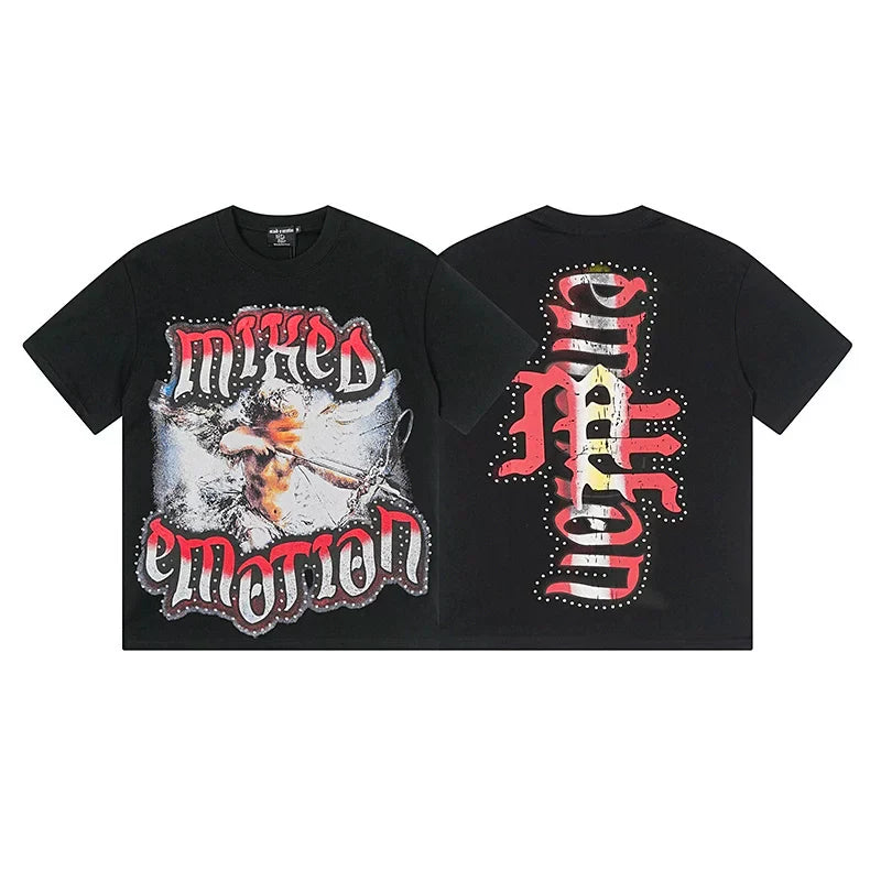 MIXED EMOTION Winged Archer Graffiti Graphic Streetwear T-Shirt - Black / Red