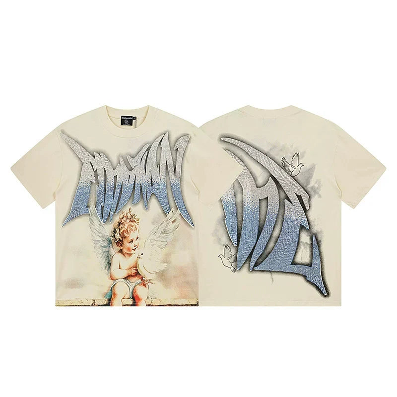 MIXED EMOTION Cherub Dove Metallic Logo Graphic Short Sleeve T-Shirt - Off-White