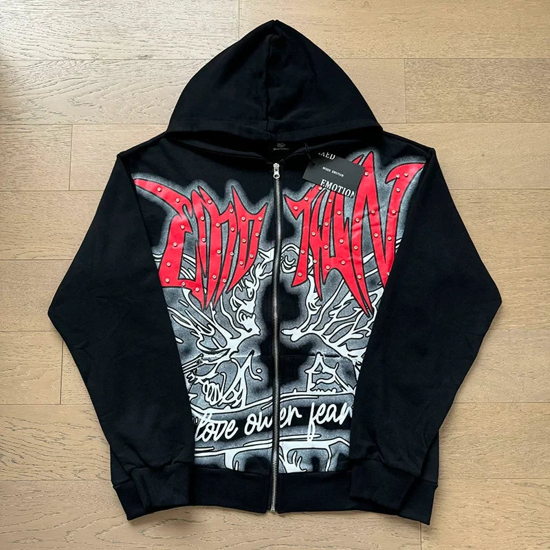 MIXED EMOTION Gothic Rhinestone Zip-Up Hoodie – Oversized Y2K Graphic Jacket